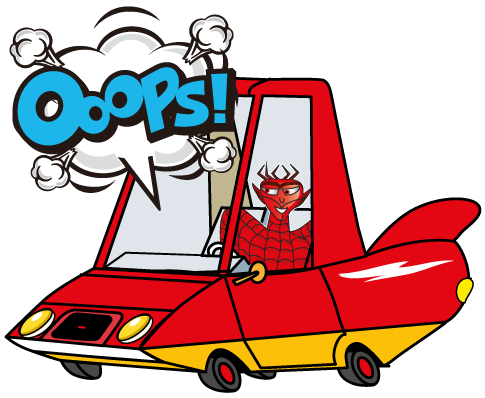 Superhero in a car, 'oops'